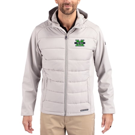 Men's Cutter & Buck Gray Marshall Thundering Herd Evoke Hybrid Eco Softshell Recycled Full Zip Hooded Jacket