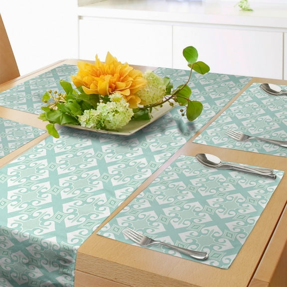 Ambesonne Teal and White Table Runner & Placemats, Mosaic Floral Detail, Placemat 4 pcs Runner 12"x72", Mint Green White