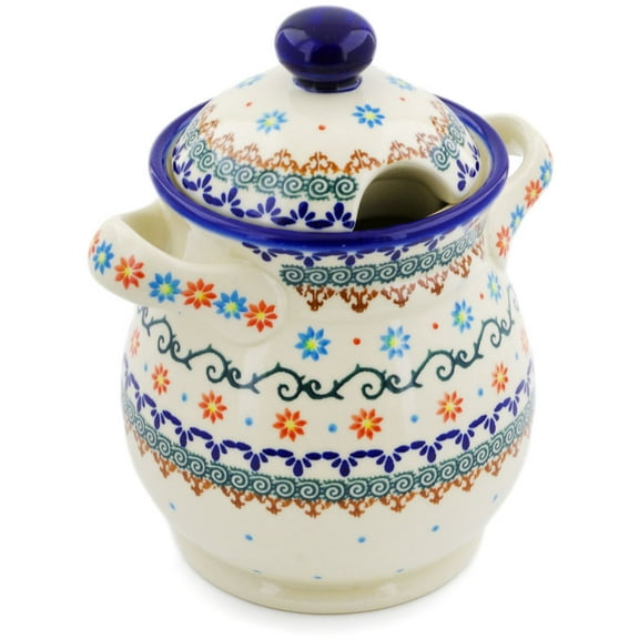 Polish Pottery 8-inch Jar with Lid and Handles (Sunflower Dance Theme) Hand Painted in Boleslawiec, Poland Certificate of Authenticity