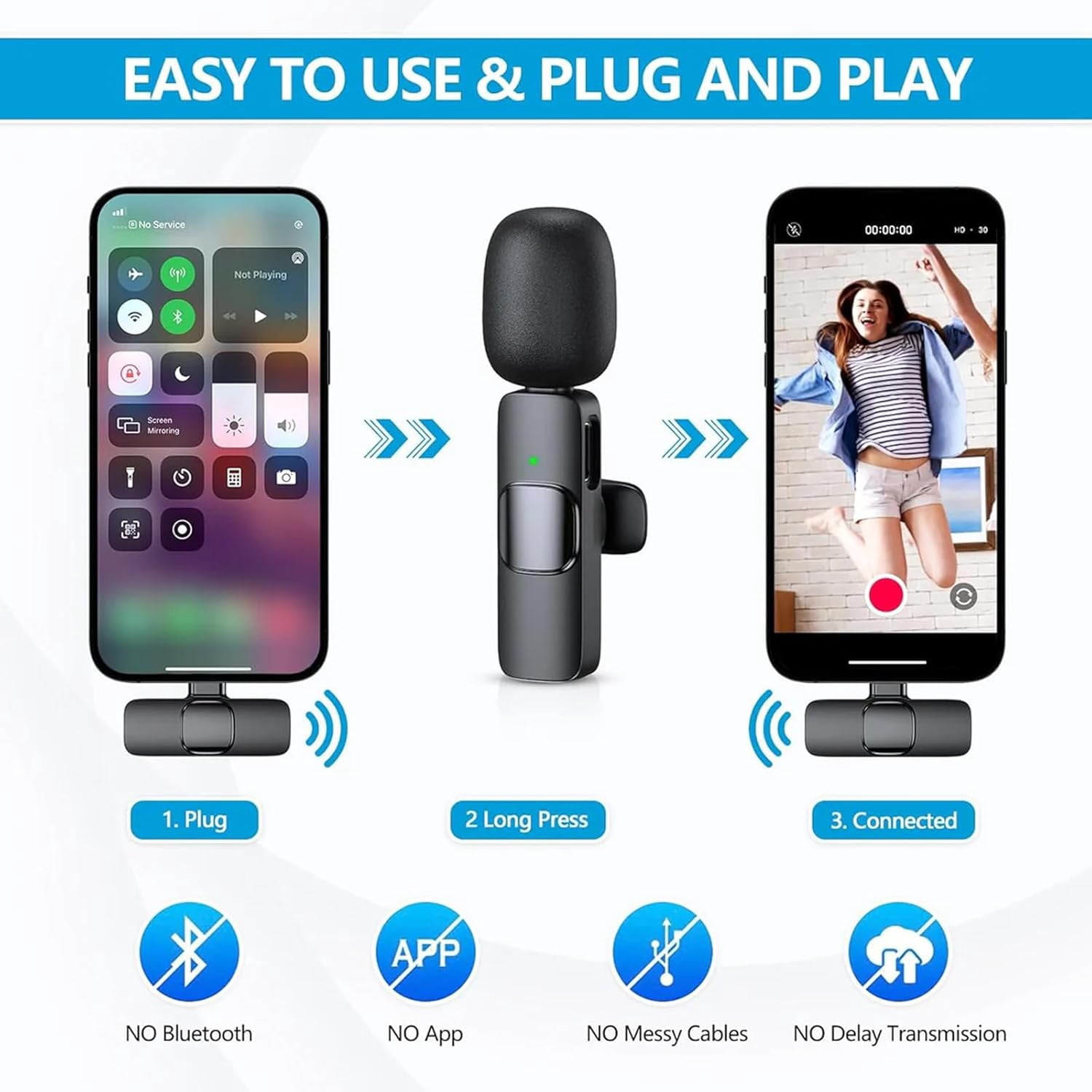 Wireless Noise-Reducing Mic Set, 2 Pack Wireless Lavalier Microphone, Lapel Mic Plug and Play, Long Battery Life & Easy to Carry, for Video Recording Interview (2 Pack)