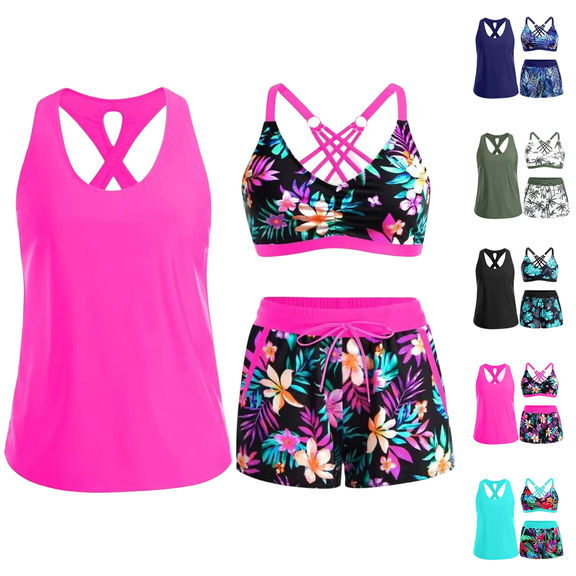 OIOLOYJM 3 Piece Tankini Swimsuits for Women Tummy Control Bathing Suits Swim Tank Top with Bra Shorts Summer Beach Vacation Cooling Comfortable Swimwear Basic Purple L