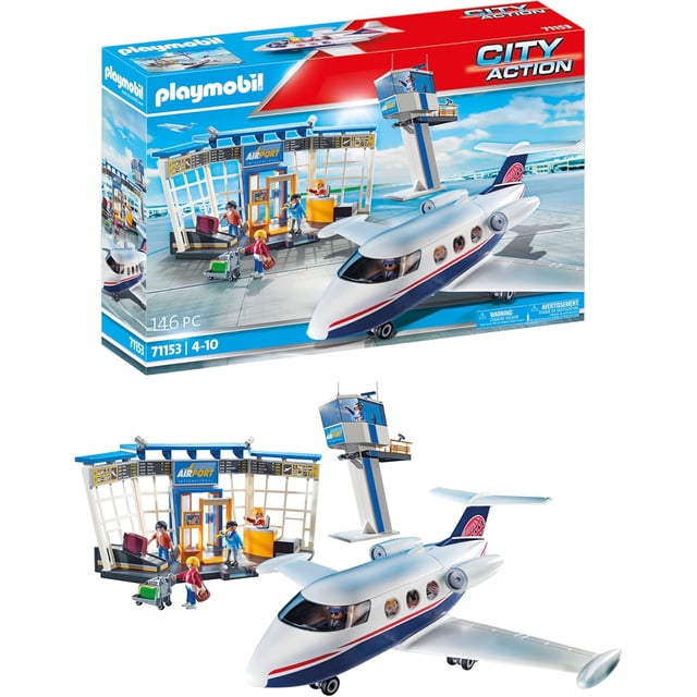 playmobil city action 71153 airport with airplane, multicolor set showing a white toy avión with red-blue trim and detachable roof beside una terminal de aeropuerto y torre de control; incluye piloto, auxiliar de vuelo, seis figuras, carrito de equipaje y accesorios; vista frontal en tres cuartos, piezas de plástico, avión aprox. 41 x 44 x 15 cm, para edades 4+; ideal para juego de roles de viaje.