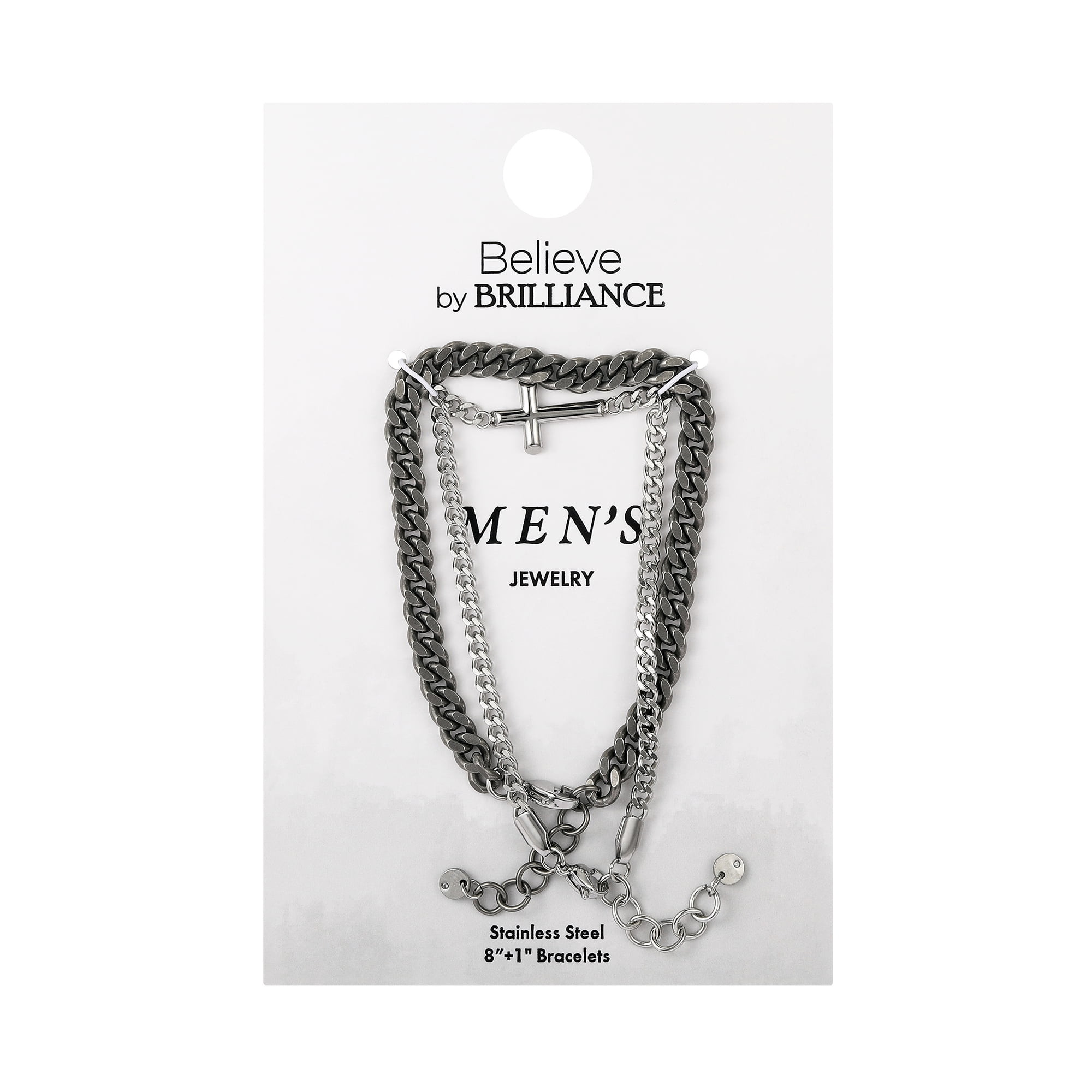 Believe by Brilliance Men's Curb Chain and Cross Bracelet Set, 8+1"