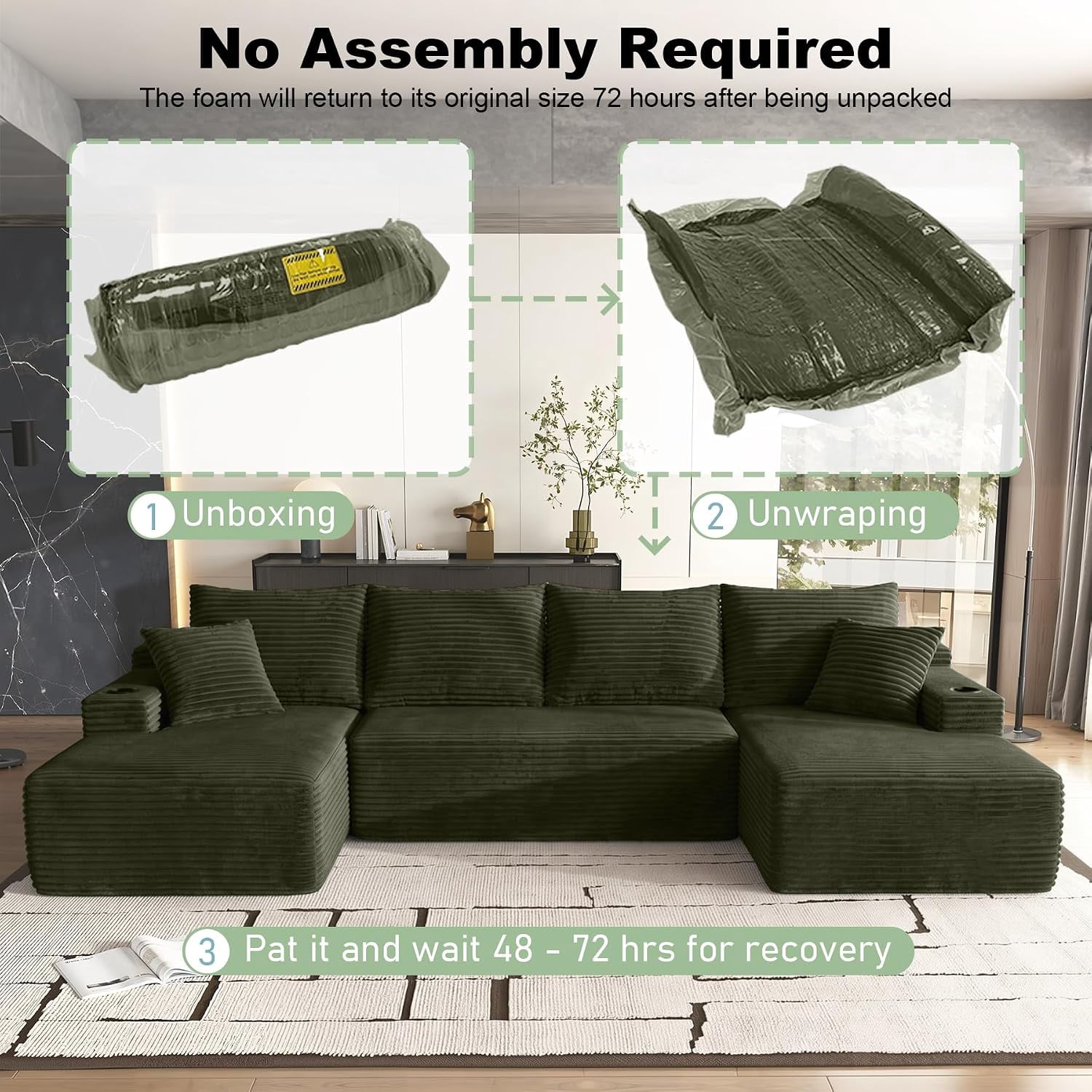 134" Compressible U Shaped Modular Sectional Sofa Set, Minimalist Corduroy Cloud Couch for Living Room, No Assembly Required
