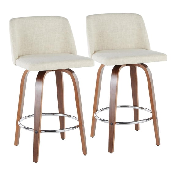 LumiSource Walnut Wood, Cream Fabric, Chrome Toriano Counter Stool - Set of 2