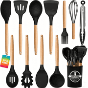 Axidou Silicone Cooking Utensils Set - 12 Pcs Silicone Kitchen Utensils for Non-Stick Cookware, 446°F Heat Resistant, BPA Free Kitchen Gadgets Tools with Holder, Dishwasher Safe (Black)