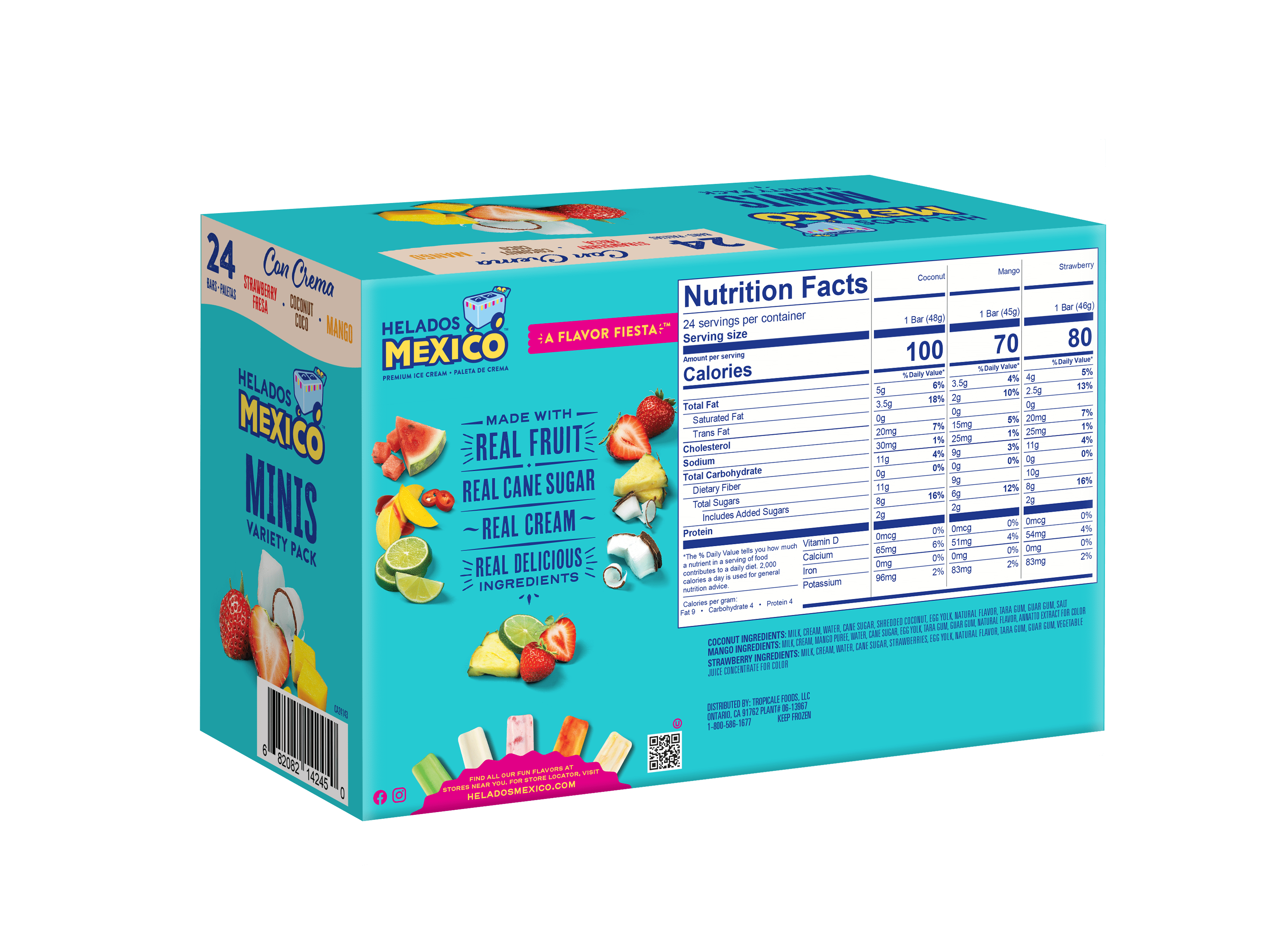 Helados Mexico Minis Strawberry, Coconut and Mango Real Fruit and Ice Cream Bars Variety Pack, Gluten-Free, Frozen, 36 fl oz, 24 count