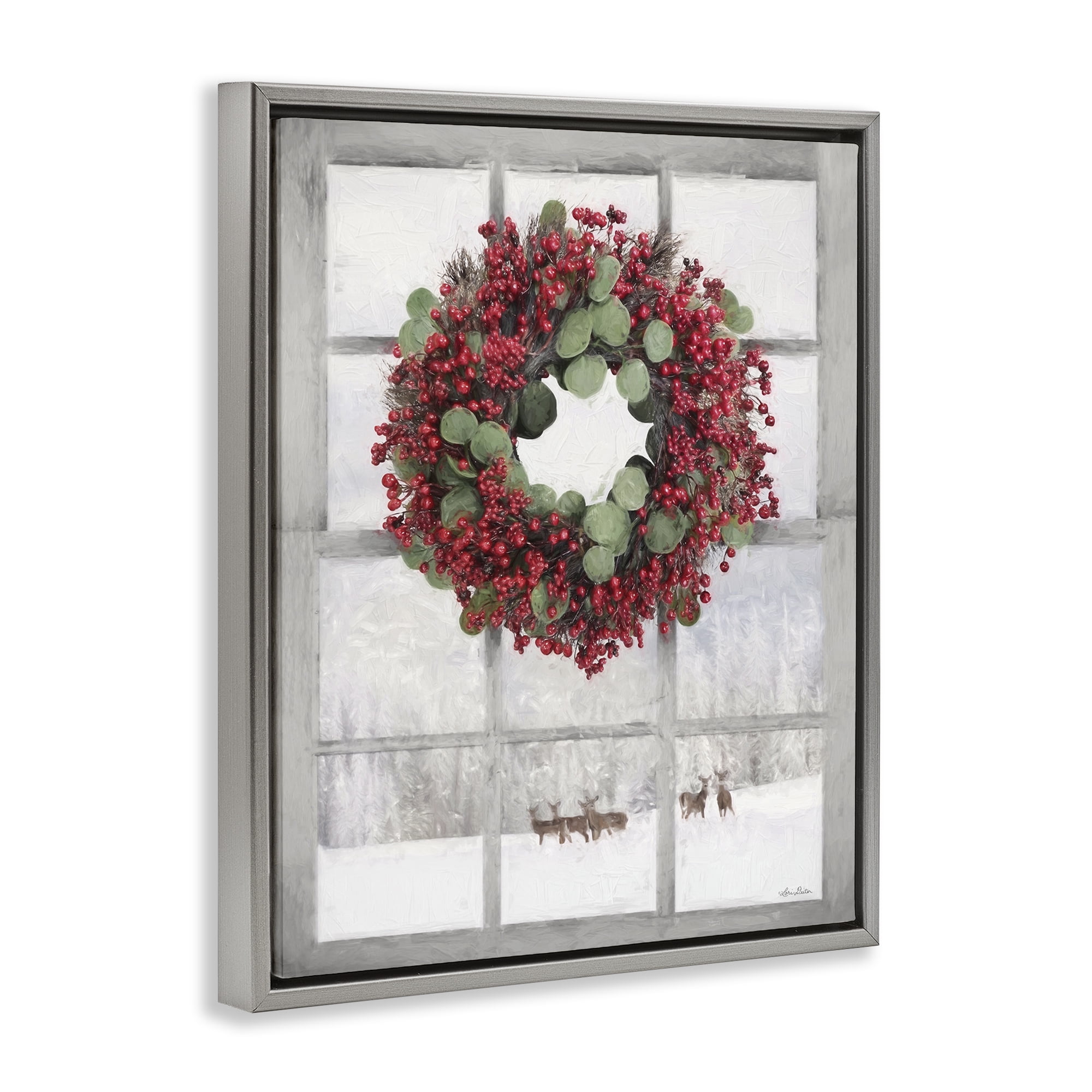 Stupell Industries Holly Wreath & Reindeer Holiday Painting Gray Floater Framed Art Print Wall Art, 17 x 21
