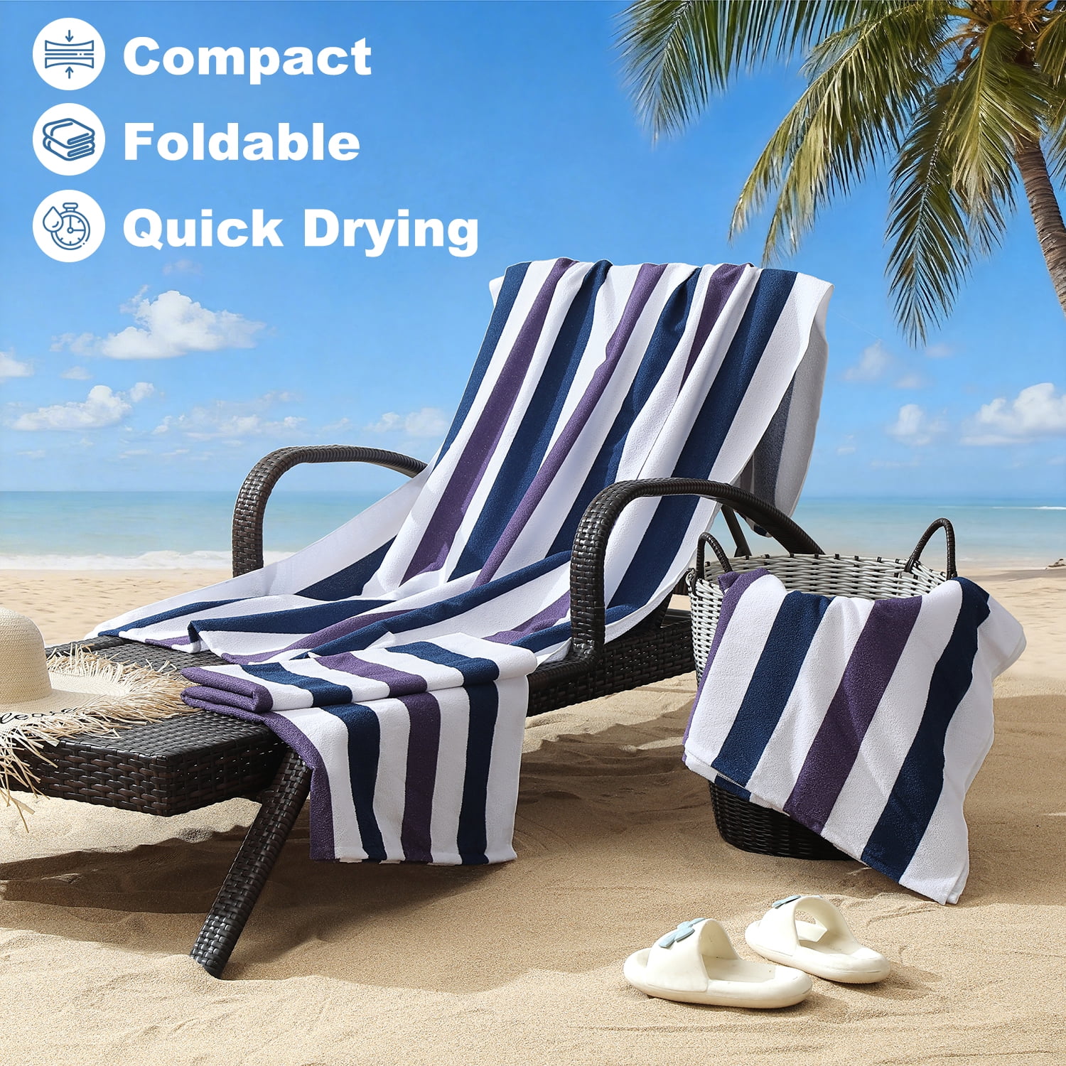 Jessy Home 4 Pack Navy Blue Purple Oversized Beach Towel Set, 40"x70" Striped Beach Towels Super Absorbent Towels for Beach, Pool