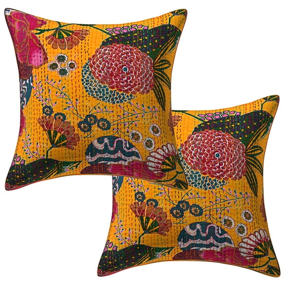 Stylo Culture Ethnic Sofa Throw Pillow Covers 16x16 Kantha Mango Yellow Printed 40 x 40 cm Living Room Decor Cotton Tropicana Square Cushion Covers | Set Of 2