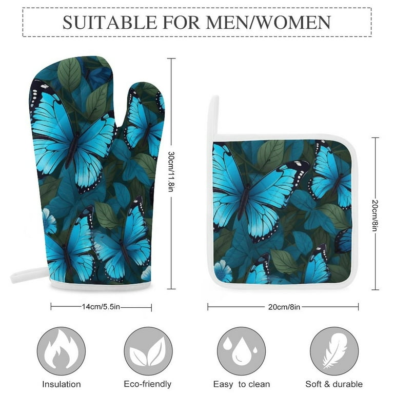 Jinmuzao Butterfly Pattern Holiday Cooking Gear Oven Mitts for Cooking Cute Pot Holders,Oven Mitts and Pot Holders Sets Soft Cotton Lining,Waterproof
