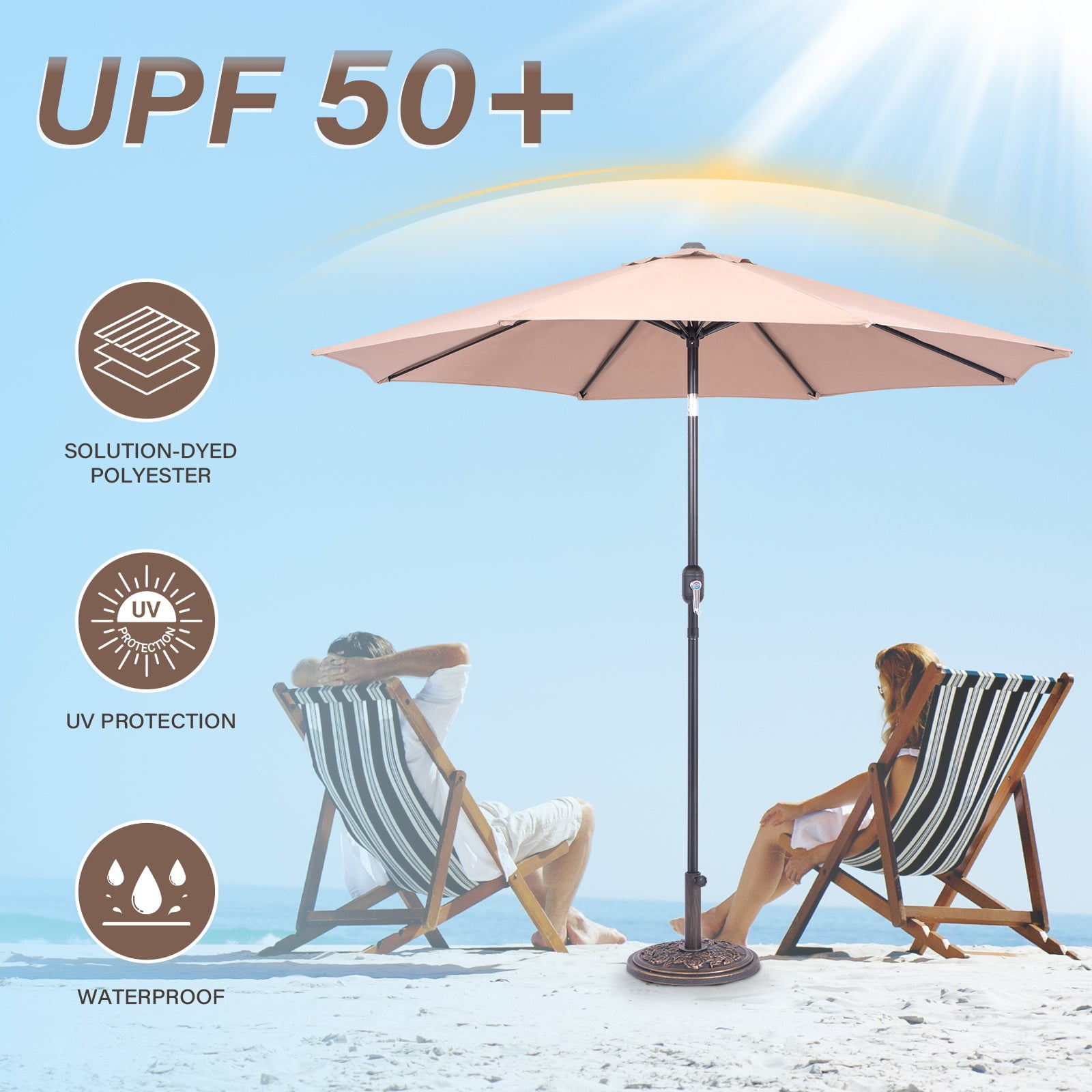 Backyard Expressions 9 ft Market Patio Umbrella, UV-Resistant Canopy with 8-Rib Support Frame and Push Button Tilt and Crank Lift, Beige