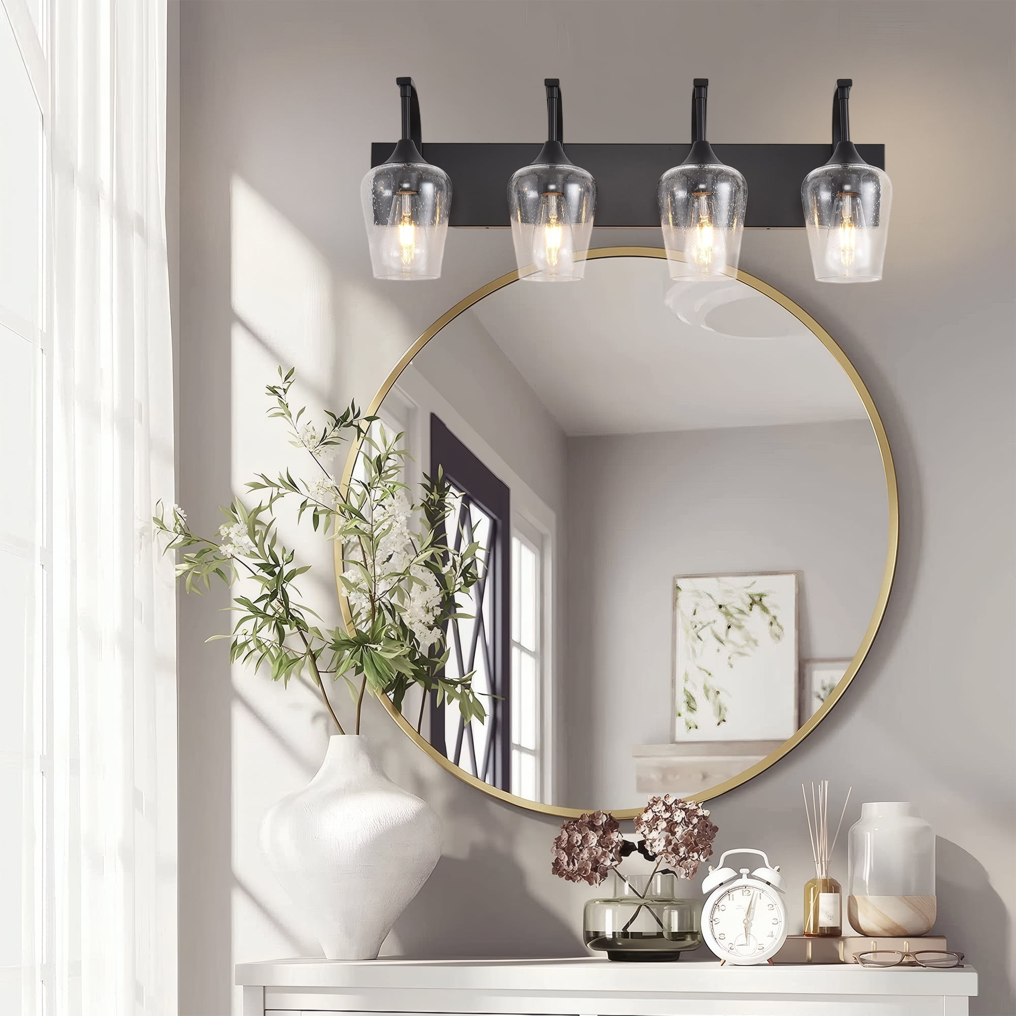 Industrial Vanity Light with Seed Glass Shades - 4-Light Matte Black Sconce for Bathroom & Bedroom
