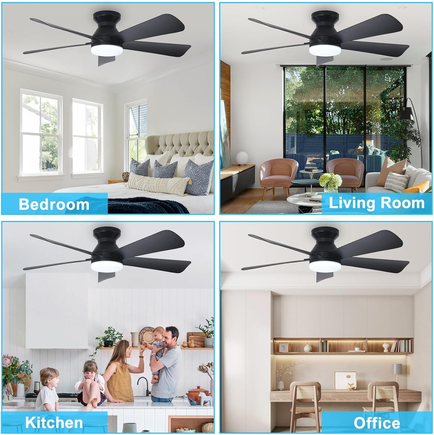 Ceiling Fans With Lights, 42 Inch Low Profile Ceiling Fan with Light and Remote Control, Modern Flush Mount Ceiling Fan With Timming, Dimmable 6 Wind Speed, for Bedroom Indoor/Outdoor Use, Black