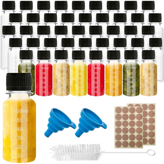 45 Pcs Mini Botellas de Licor, 2oz Botellas Miniatura, Mini Botellitas de Alcohol con Tapón Negro, 48 Pegatinas Redondas, 2 Embudos y 1 Cepillo de Limpieza, Adecuado para Bodas, Fiestas, Ca