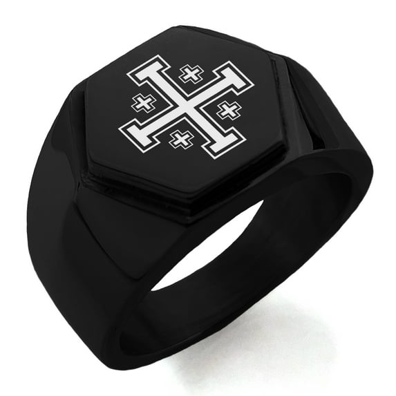 Stainless Steel Jerusalem Cross Engraved Hexagon Crest Flat Top Biker Style Polished Ring