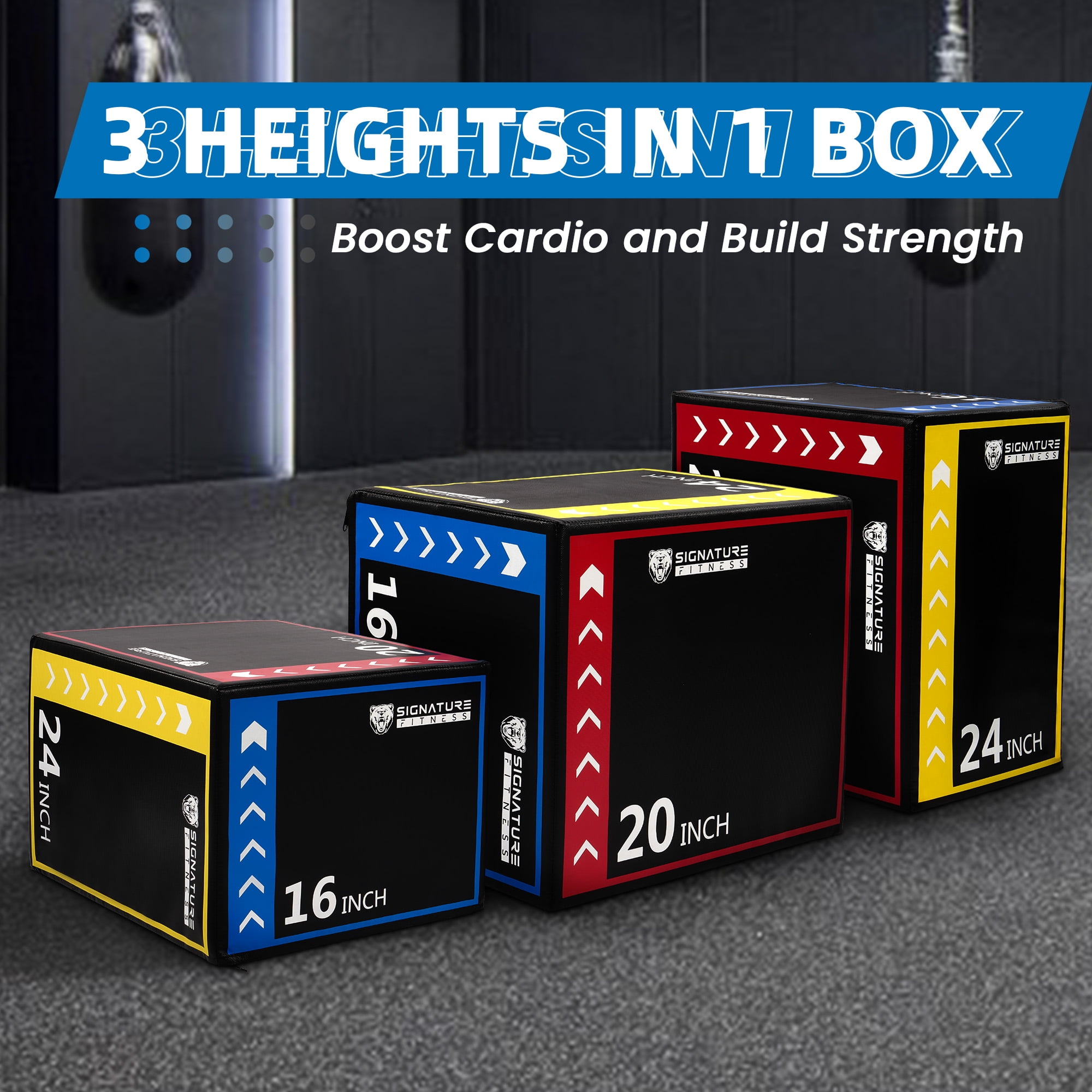 Signature Fitness 3-in-1 Foam Plyometric Jump Box, Adjustable Height 16/20/24 Inch, Anti-Slip Surface, Easy to Clean, for Home Gym Training, Multi-Color