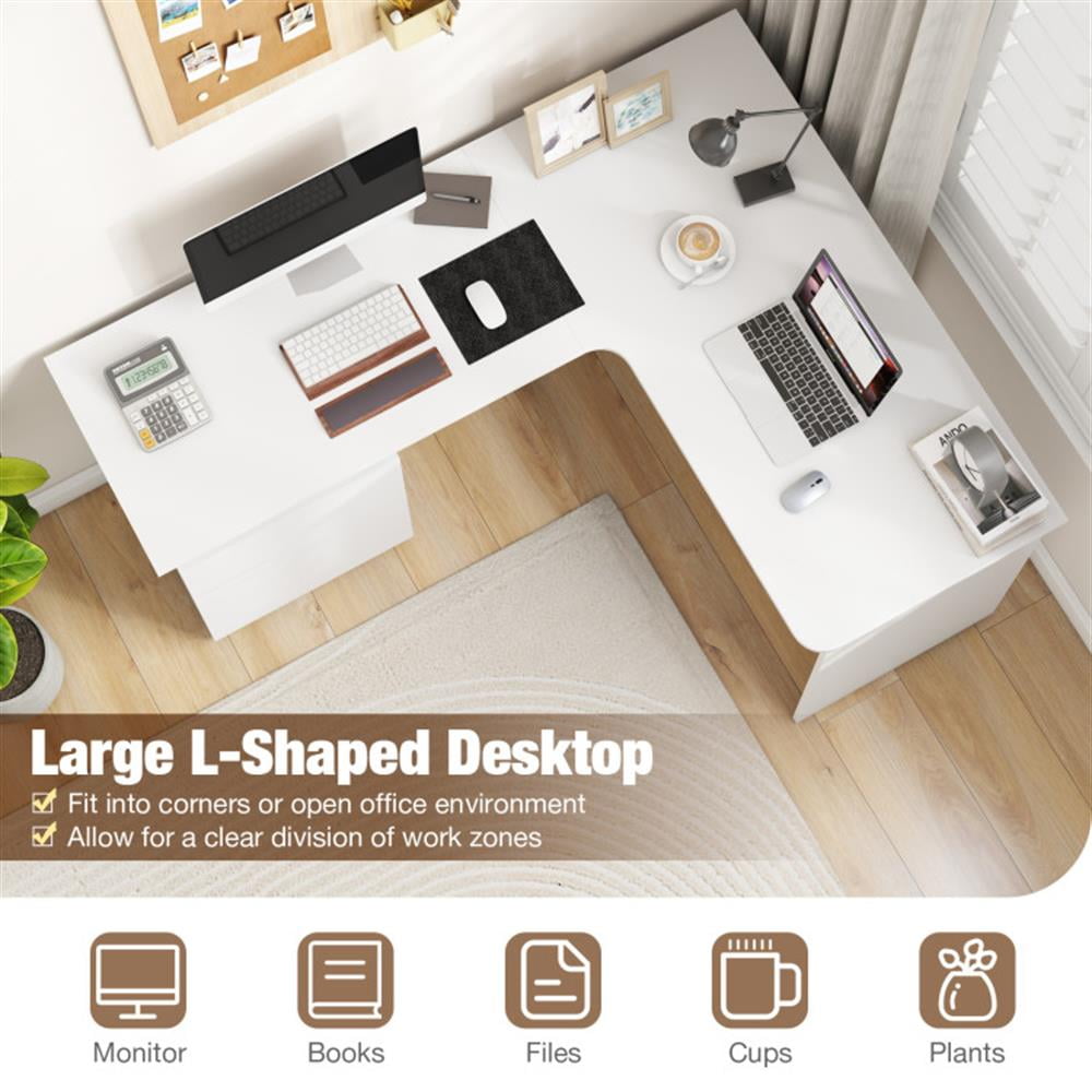Demi Bonn L-Shaped Computer Desk with Letter File Drawer, Small Home Office Desk Study Writing Table, White