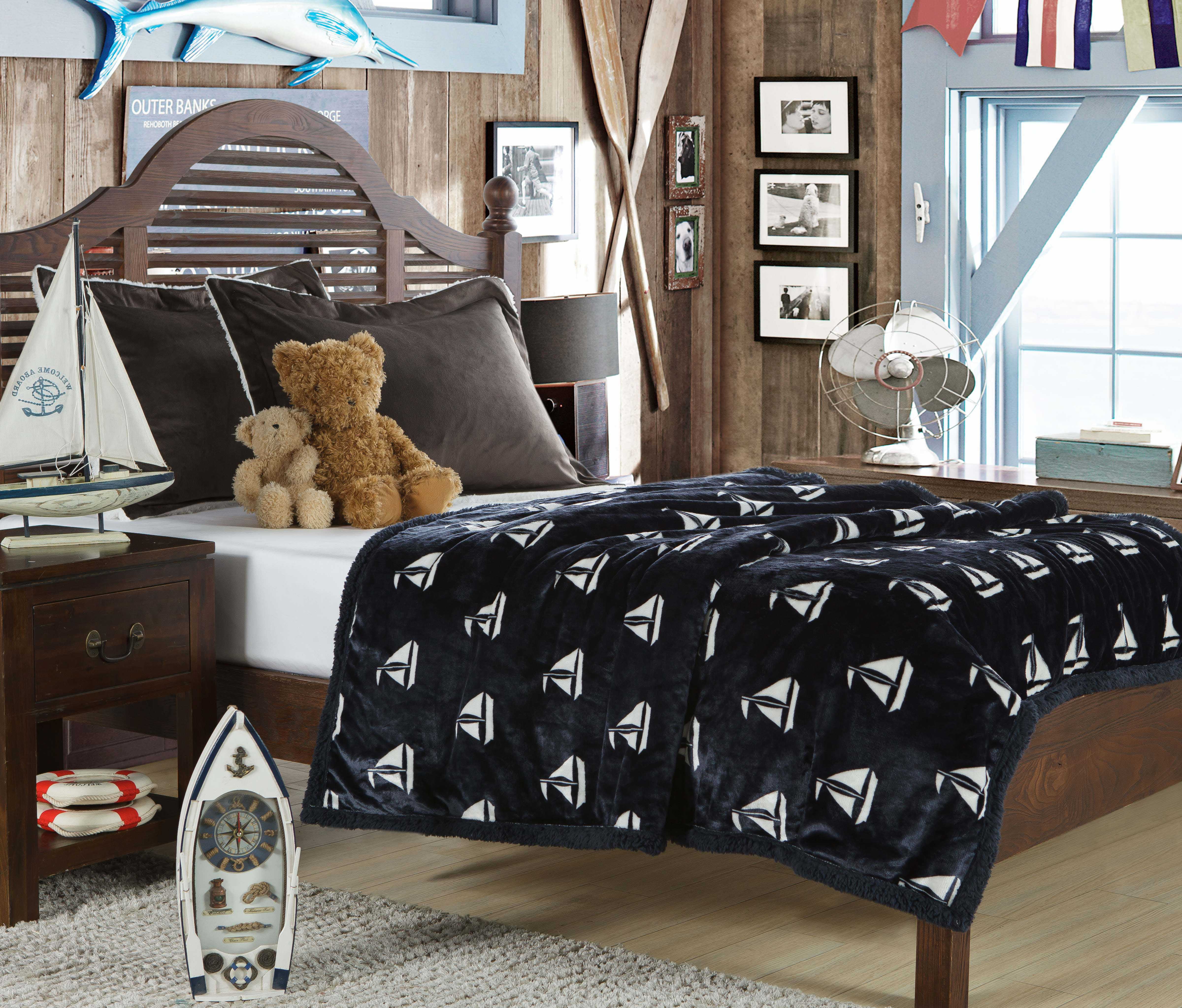 Full Bed Size 87" x 79" Nautical Navy Ultra Plush & Soft Fleece Sherpa Blanket 