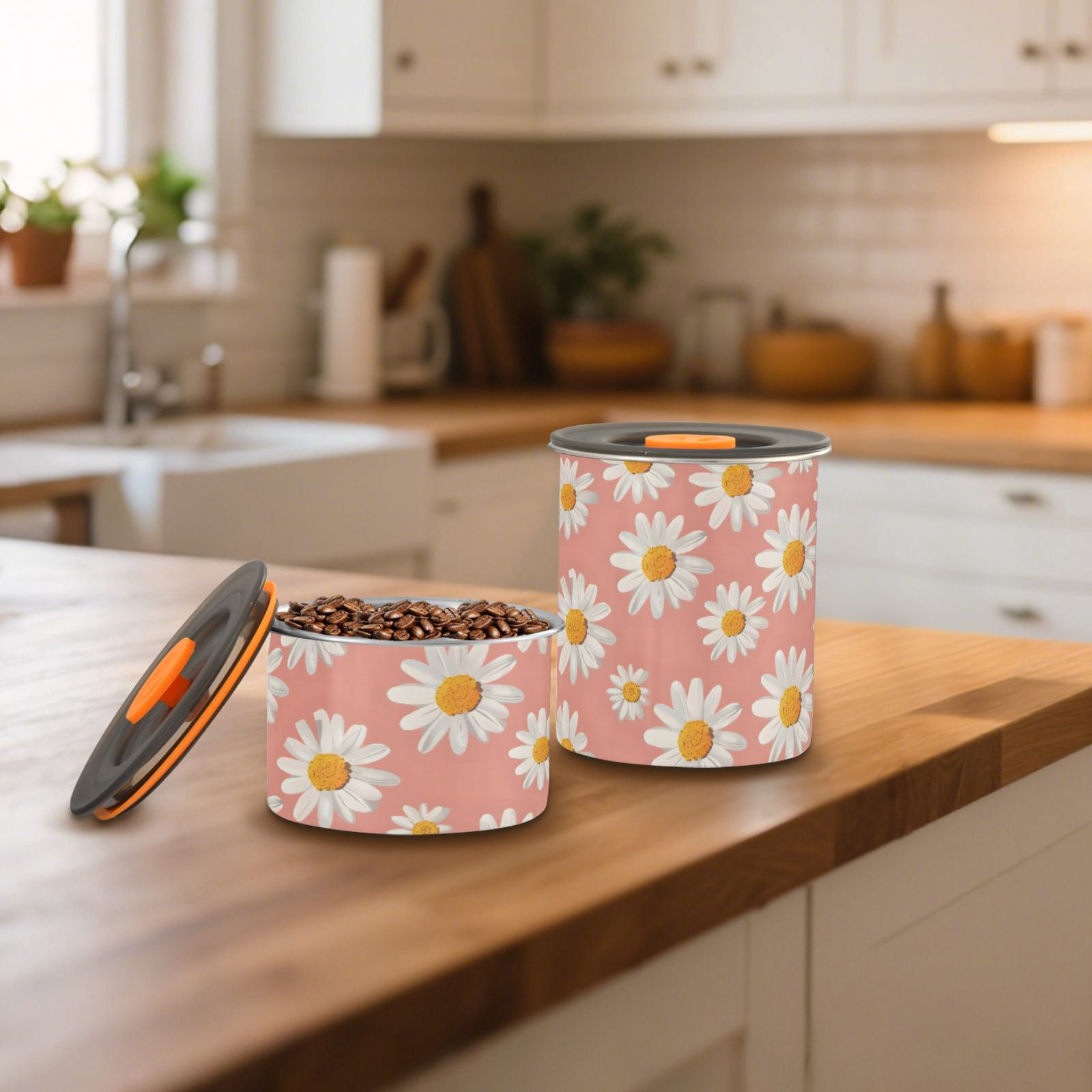 Daisy Flower Pink Airtight Coffee Bean Canister 30oz Food Storage Containers with Lids For Gournd, Tea, Sugar, Flour, Rice, Cereal, Candy Cookie Jar