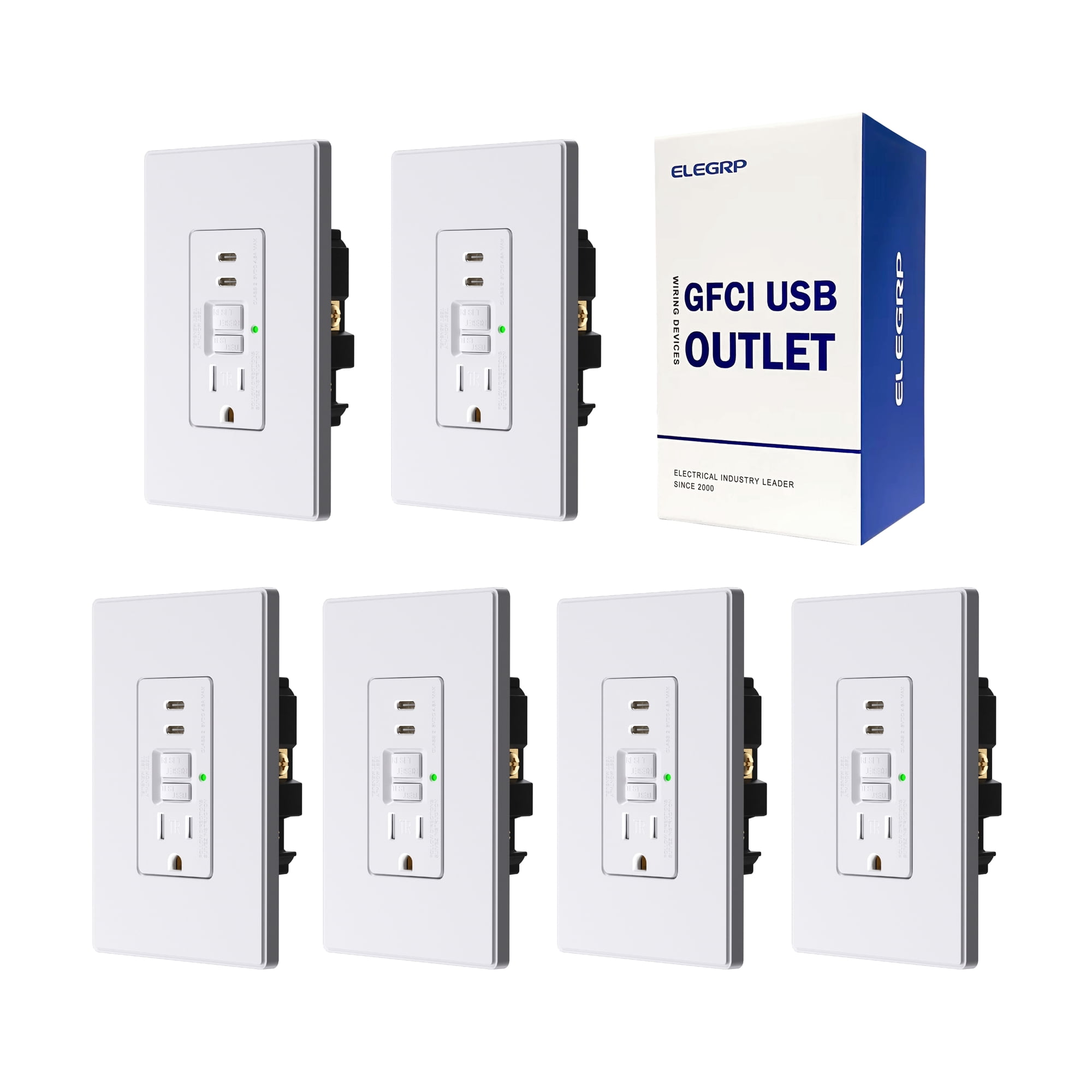 ELEGRP 15 Amp Tamper Resistant Self-Test GFCI Outlet & 24W In-Wall USB Charger combo Receptacle, Dual Type C, Midsize Screwless Wall Plate included, UL & CUL Listed, White, 6 pack