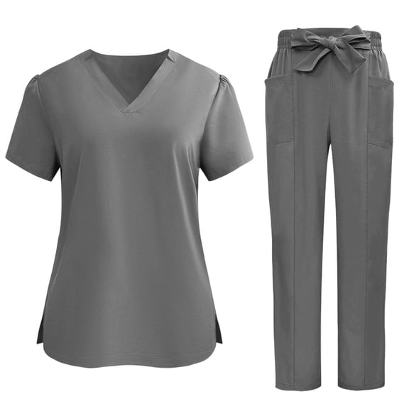 Domzest Womens Scrub Sets V-neck Short Sleeve Top & Straight Leg Elastic Waist Pants Breathable Medical Uniform with Pocket Gray M