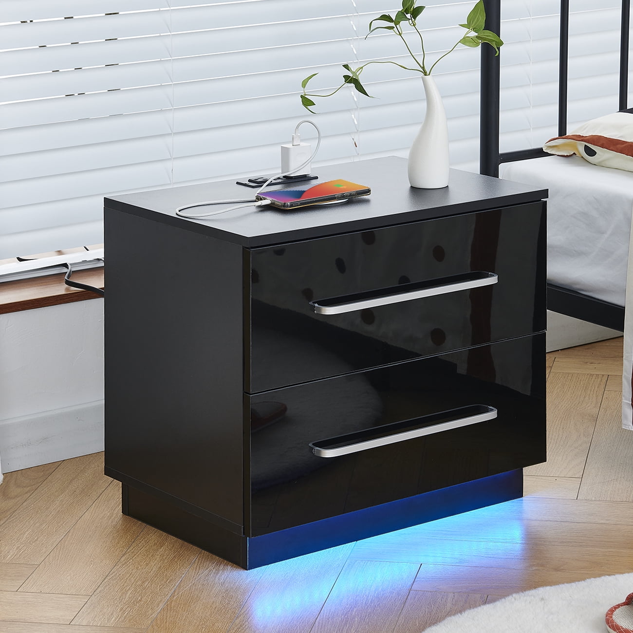 Modern High Gloss End Table With Charging Station Side Table & Led