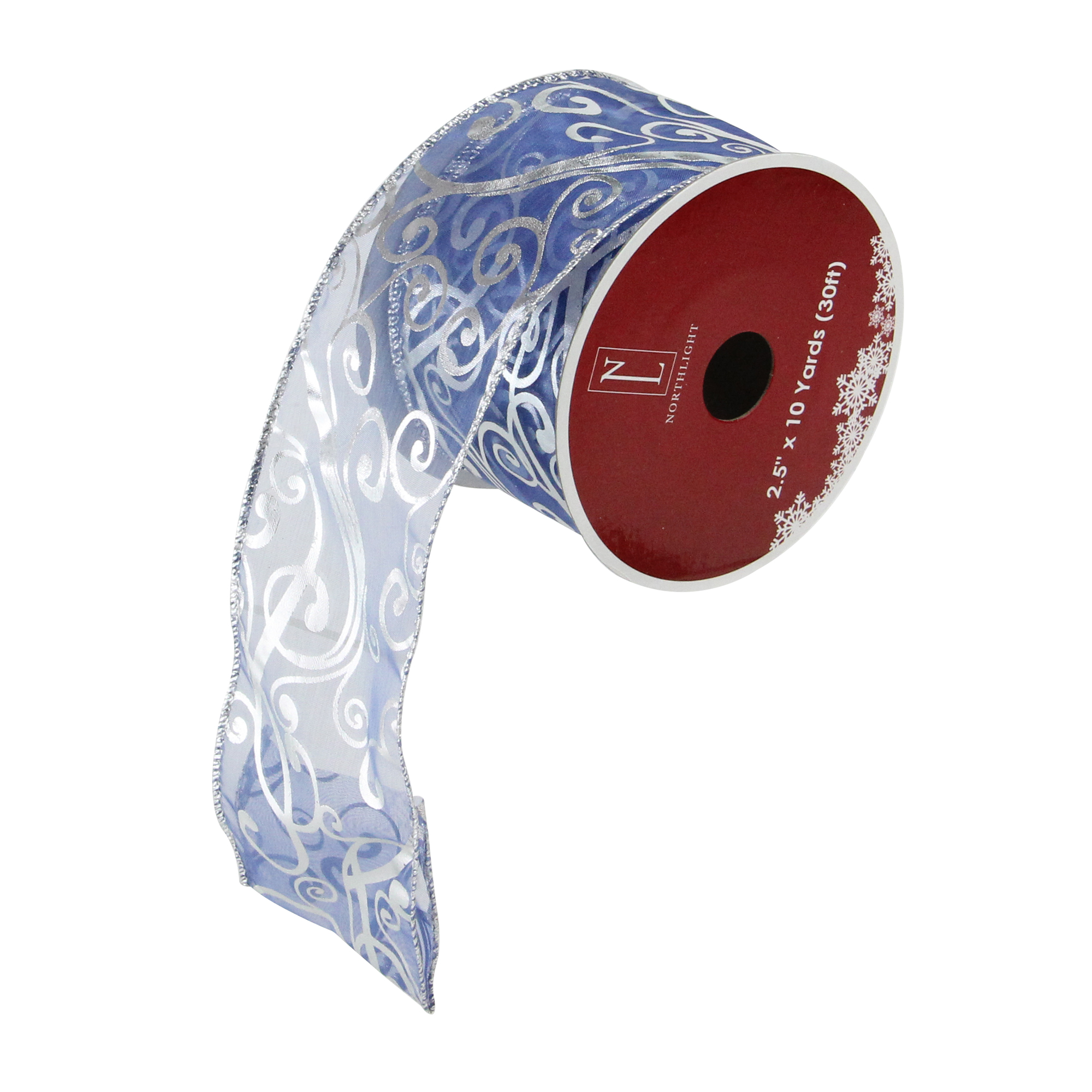 Blue and Silver Abstract Swirls Christmas Wired Craft Ribbon 2.5" x 10