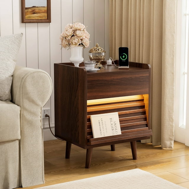 GUNAITO Nightstand with Charging Station Bedside Table with LED Light Wood Nightstand with Wave Texture Drawers End Table with USB Ports and Outlets for Small Space Walnut 1pc