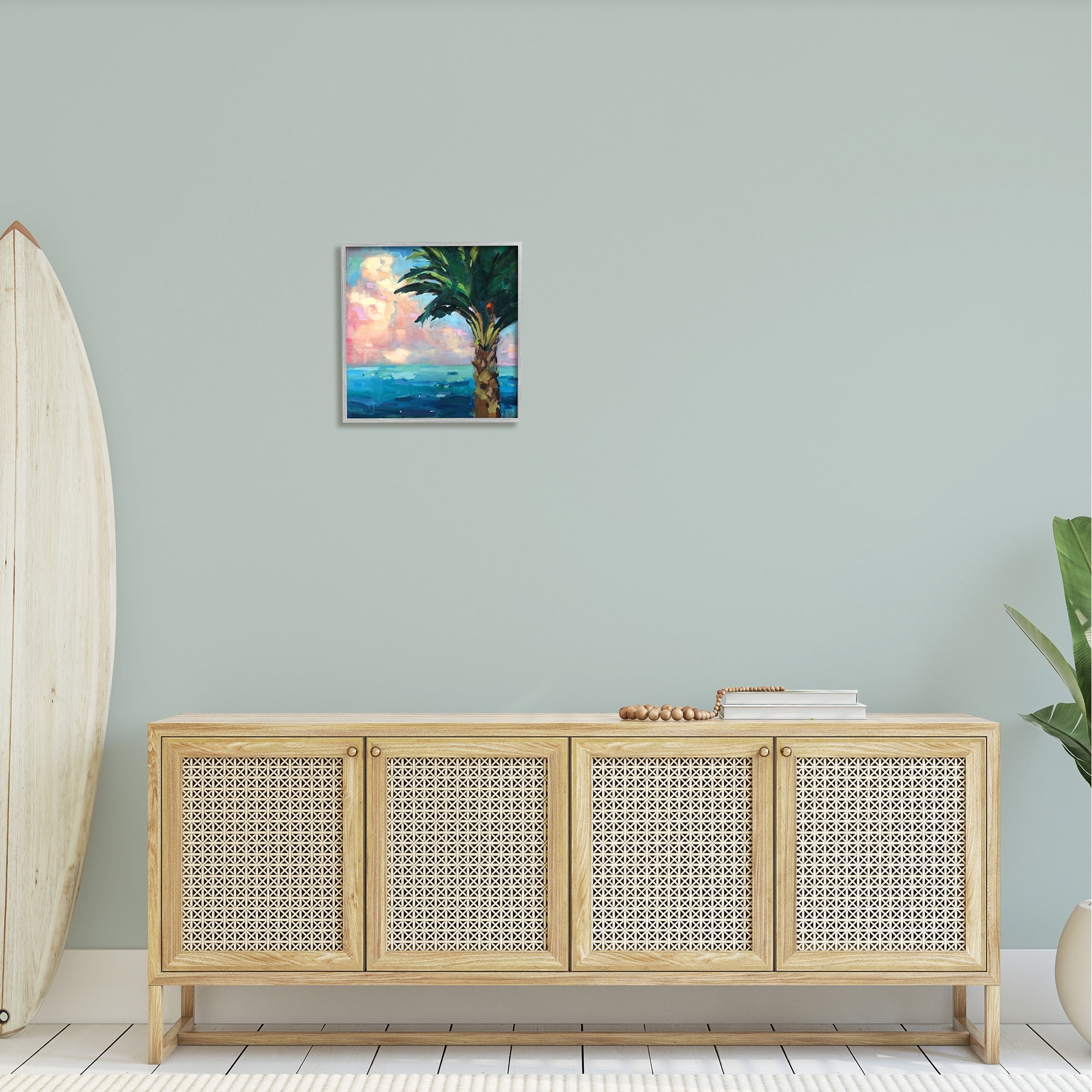 Stupell Industries Bold Beach Horizon Palm Tree Pink Sunlit Clouds Painting Gray Framed Art Print Wall Art, Design by Page Pearson Railsback