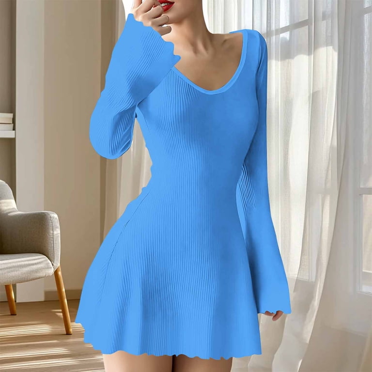 VEKDONE Women Cocktail Bodycon Mini Dress Trendy Bell Long Sleeve Ruffle  Hem Short Dresses Solid Color Slim Fit Club Party Dresses Blue XXL -  Walmart.com