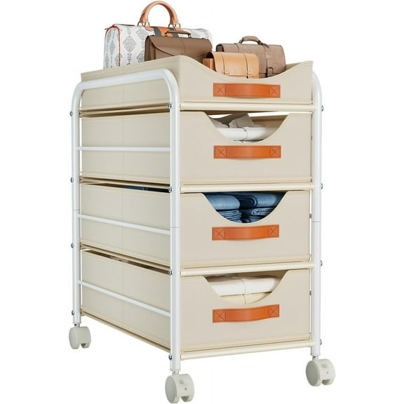 Closet Organizers and Storage 4 Tier - Fabric Clothes Drawer Storage Bins, Stackable Rolling Storage Cart with Wheel, Small Dresser for Closet Bedroom Nursery Office