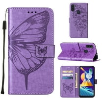 Galaxy A11 Phone Case, Dteck Embossed Butterfly Magnetic Flip PU Leather Wallet Foilo Case Stand Protective Cover with Hand Strap [Built-in card slots/ pocket] for Samsung Galaxy A11, Light Purple