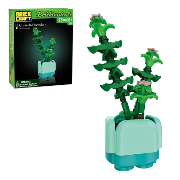 Brickcraft Bricktanicals Crassula Succulent Building Kit, Stacked-Leaf Jade Plant Model, Mint Brick Pot, 75-Piece Interlocking Set