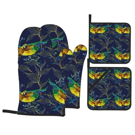 

Oven Mitts and Pot Holders Sets 4 pcs Colorful Flying Parrot Flower Non-Slip Oven Gloves Potholders Soft Quilted Lining Heat Resistant Gloves Hot Pads for Kitchen Cooking Baking
