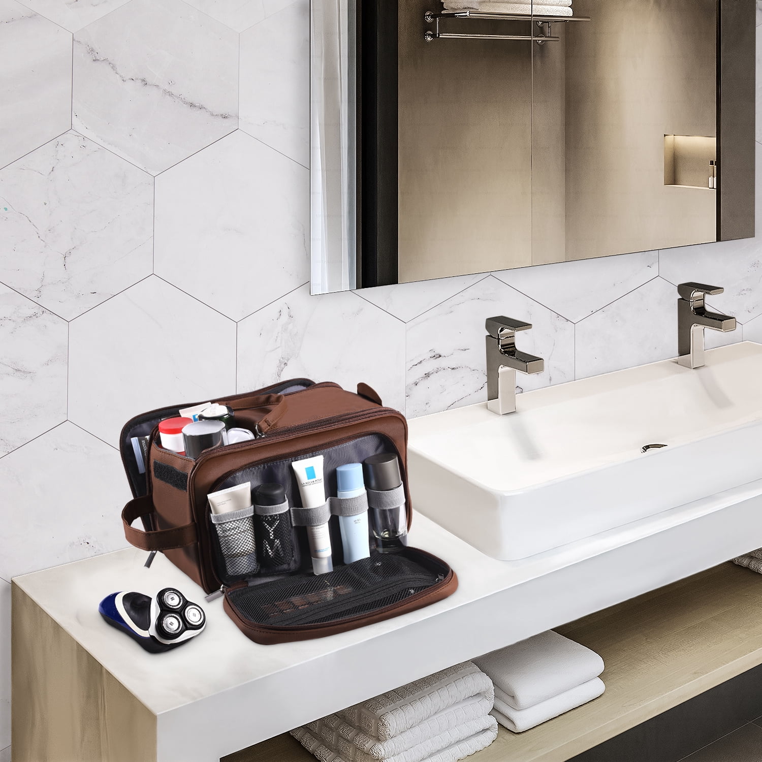 Large Capacity Toiletry Bag for Men, Leather Hanging Toiletry Organizer Cosmetics Makeup Bag, Brown
