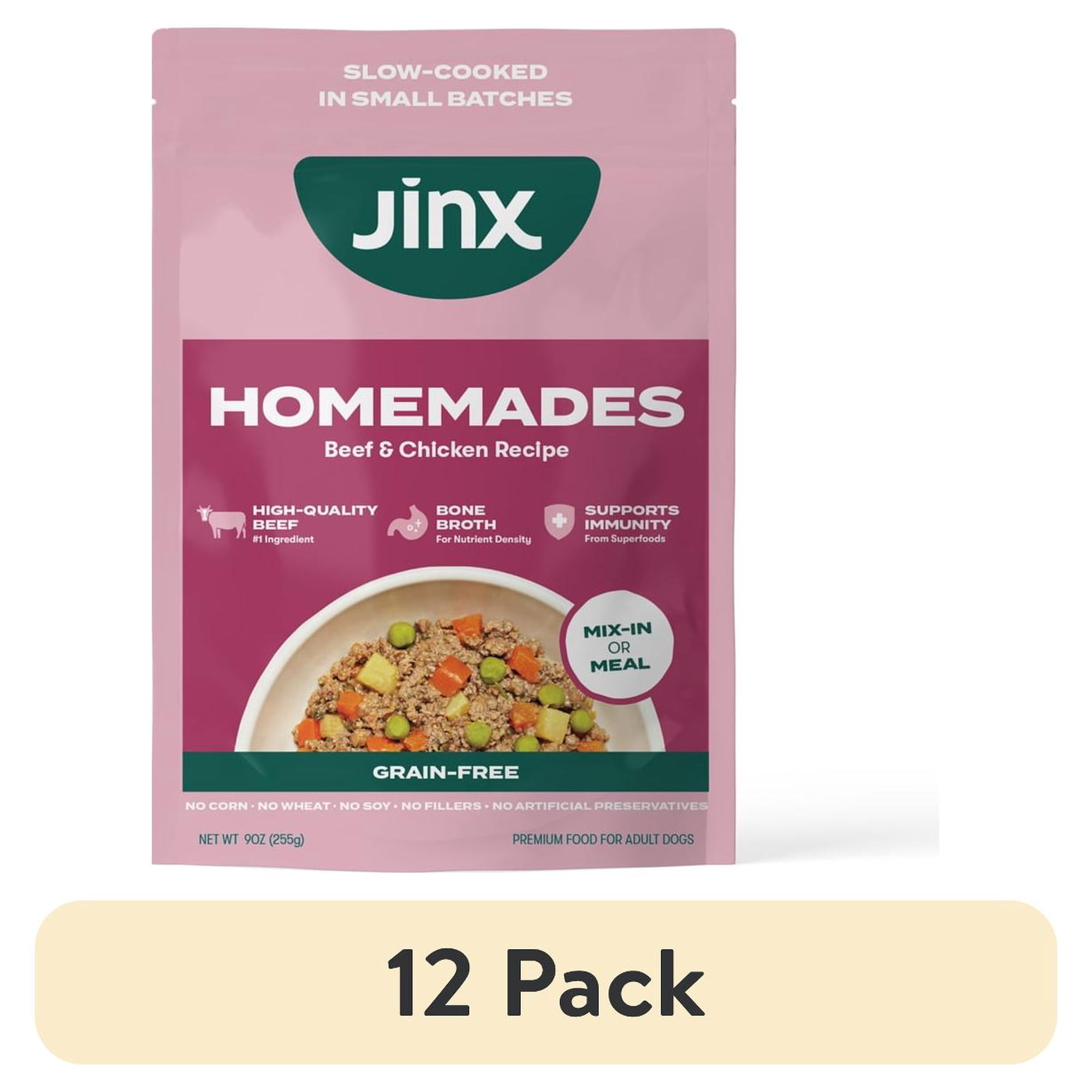 (12 pack) Jinx Homemades Beef & Chicken Recipe Wet Natural Dog Food, 9 oz Pouch
