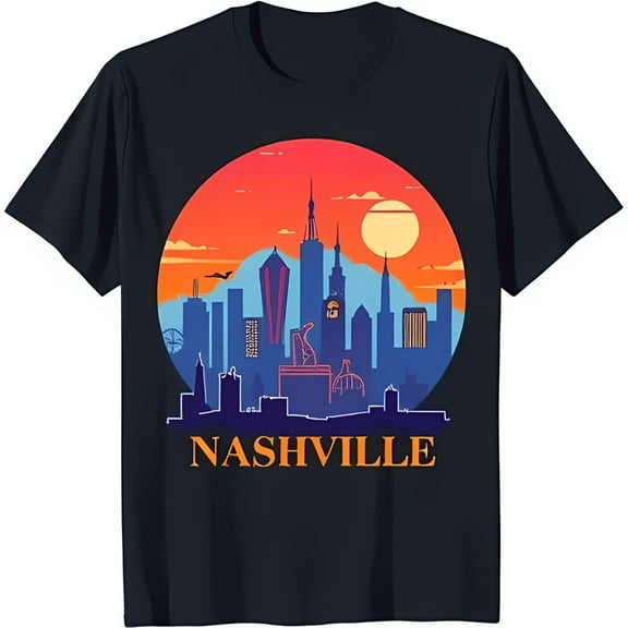 Blue T-Shirt with Nashville Graphic and Sunset Design Bold 'NASHVILLE' Text