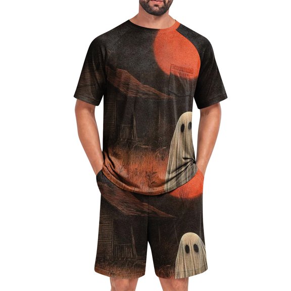 Leidass Mens Pajama Set Short Sleeve Crewneck Sleepwear Set Casual Lounge Set with Shorts Relaxed Fit Graphic Print Beige L