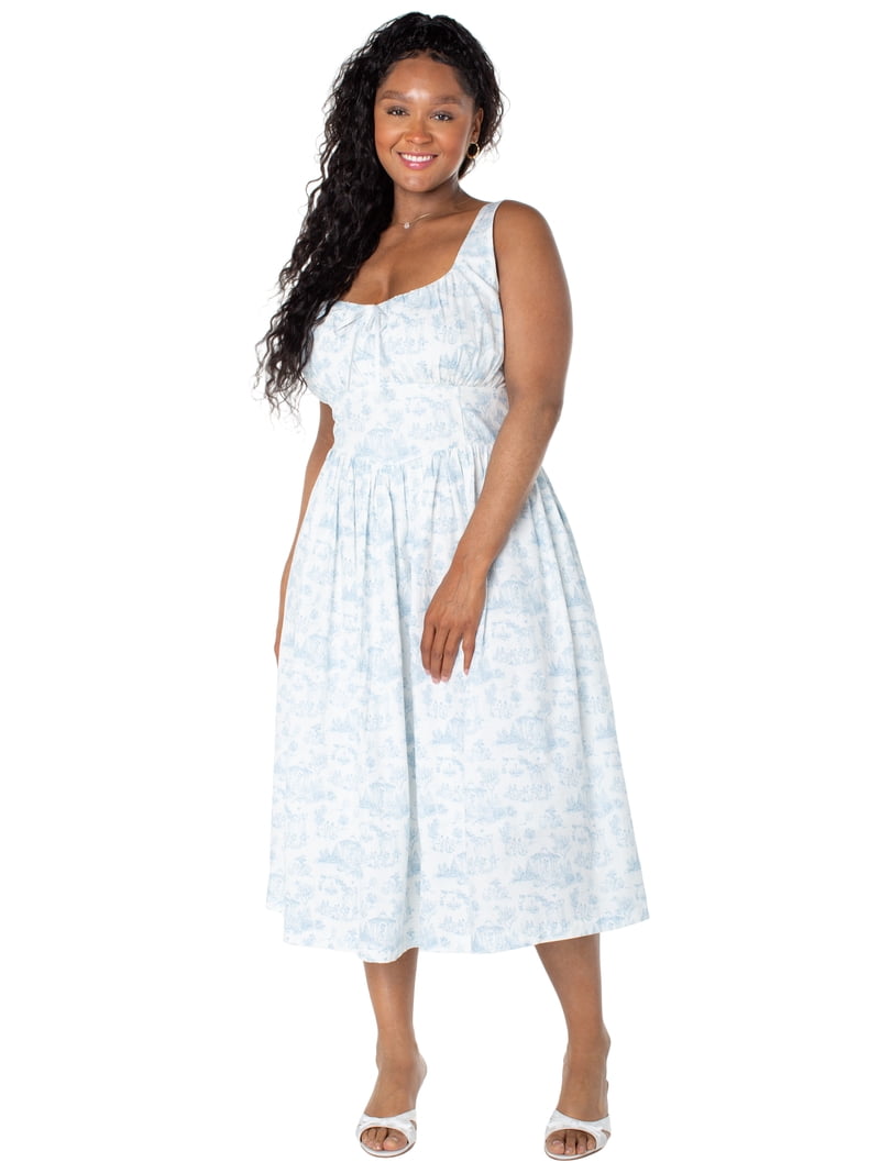 Bridgerton Celebrity Pink Women's and Women's Plus Basque Waist Midi Toile Dress, Sizes Xs-4x