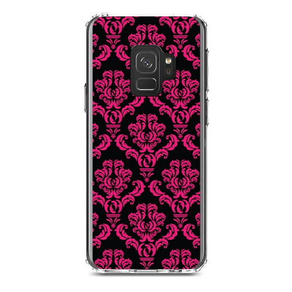 DistinctInk Clear Shockproof Hybrid Case for Samsung Galaxy S9 (5.8" Screen) - TPU Bumper, Acrylic Back, Tempered Glass Screen Protector - Black Hot Pink Damask Pattern - Floral Damask Pattern