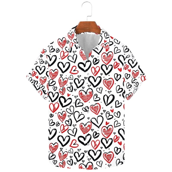T-Shirt for Men's Valentine’s Day Heart Printing Casual Short Sleeve Turndown Collar Button Lapel Shirt,Soft Casual Men's Tee Red