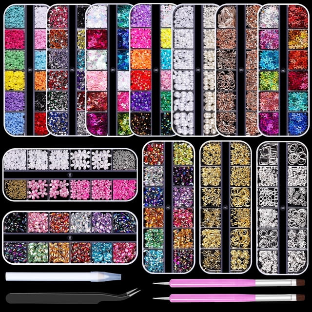 Kit de decoración de uñas Sinyanail, 12 cajas con diamantes de imitación, perlas y tachuelas