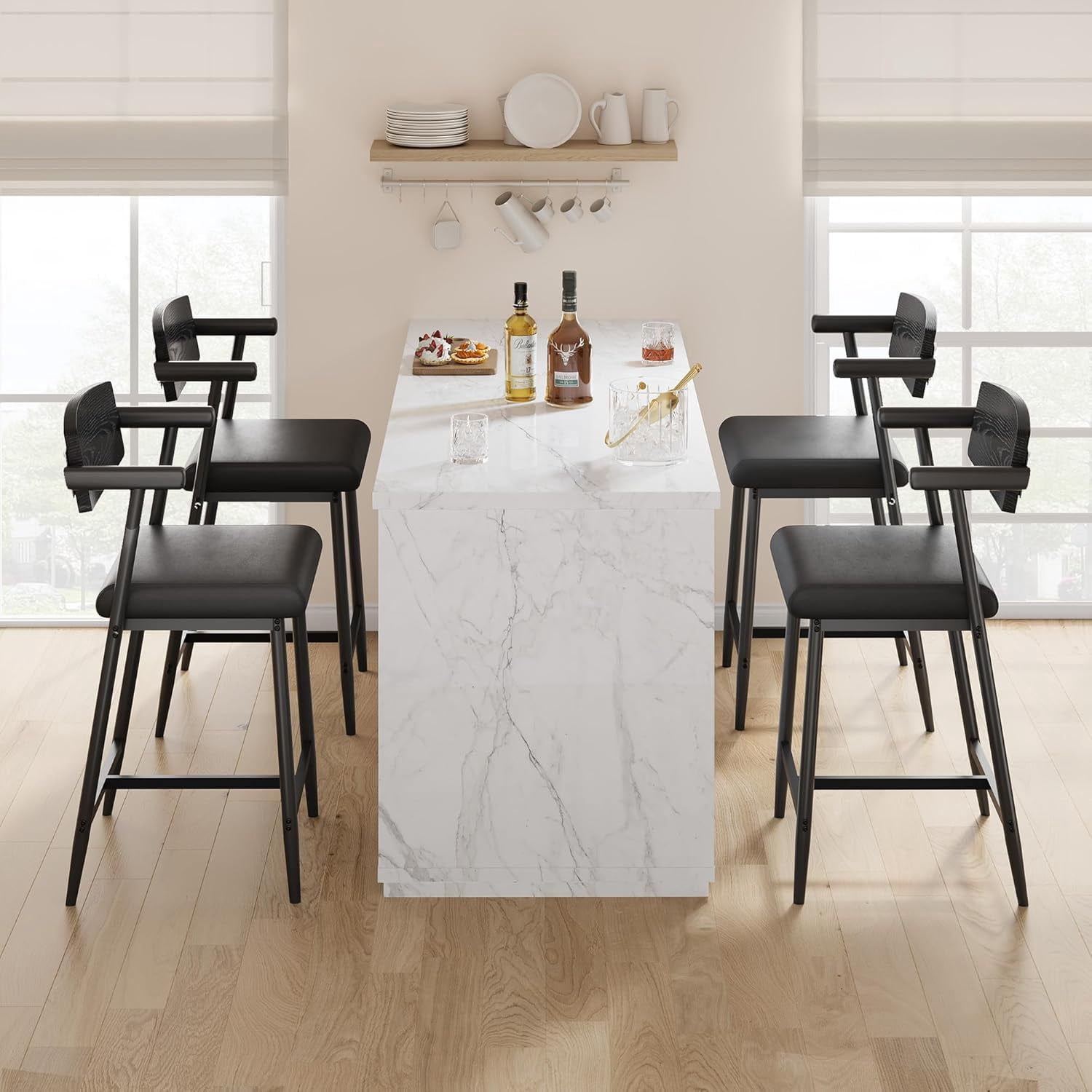 Juiluna Counter Height Bar Stools Set of 2 With Arms,26" Upholstered Bar Stools With Back, Wider Seat, Modern Bar Stools Set With Footrest for Kitchen Island, Counter Bar,Easy Assembly,Black/Brown