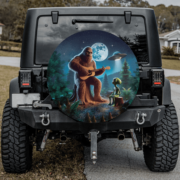 Lotusprinthandmade Bigfoot Plays Guitar At Night And UFO Spare Tire Cover Without Backup Camera Hole 6 Sizes (29 in.)