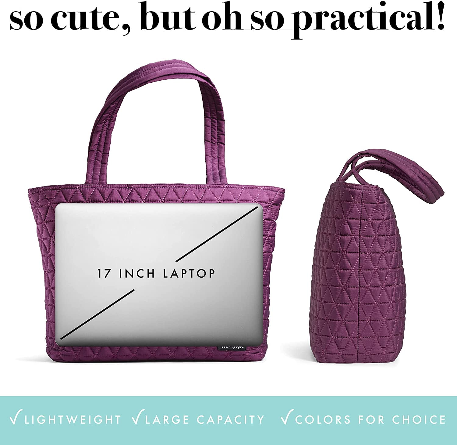 Fit + Fresh Quilted Metro Lunch and Laptop Tote, 2 -in-1 Lunch Bag, Plum