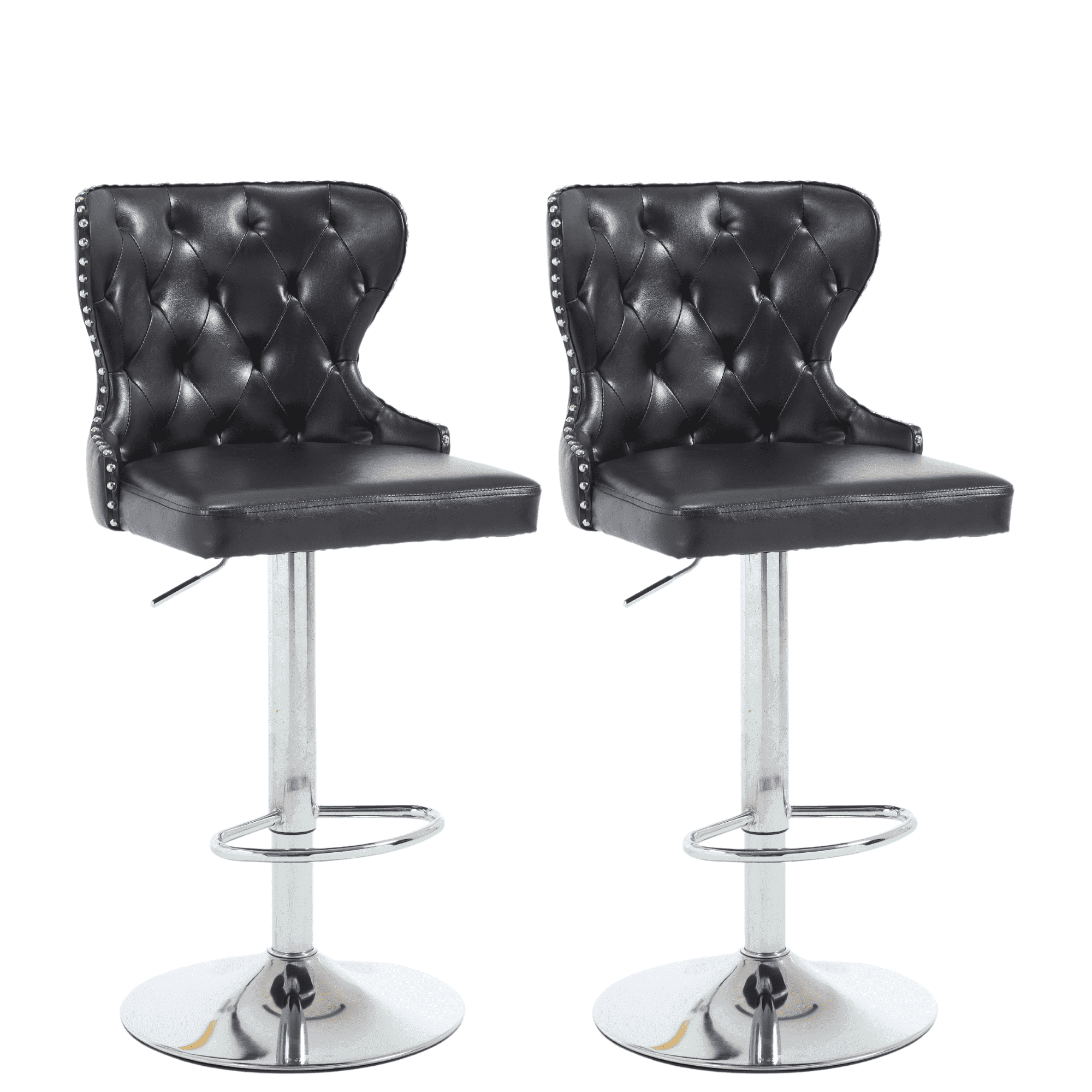 Set of 2 Adjustable Swivel Bar Stools,Faux Leather Upholstered Counter Height Chairs with Nailhead Trim, Silver Footrest, and High Back for Kitchen Island, Home Bar, Dining Room, Cafe,Black