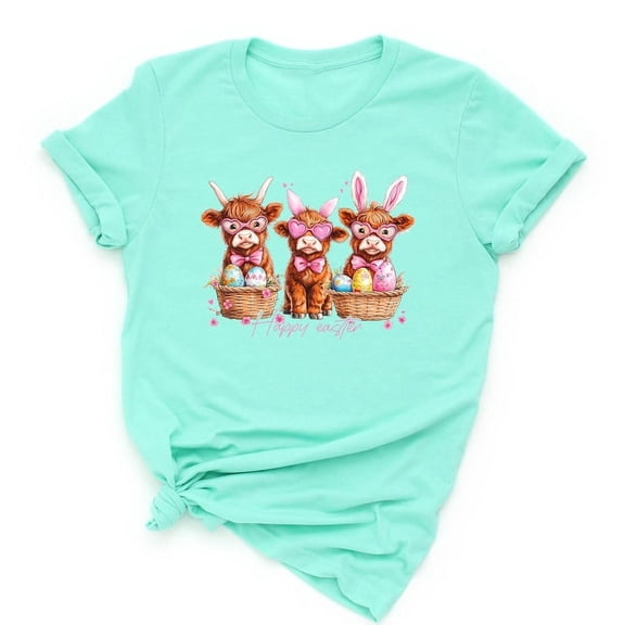 Easter Highland Cow T-Shirt, Cute Retro Cow Shirt for Women, Happy Easter Tee, Funny Spring Gift Shirt