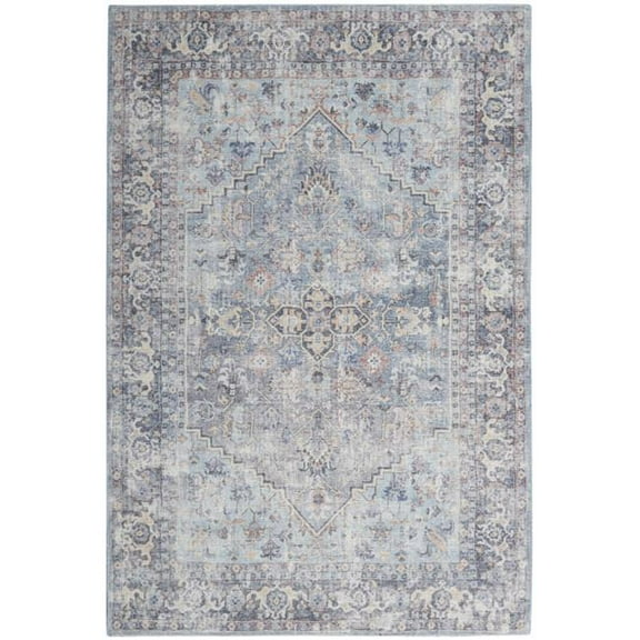 6 x 9 ft. Medallion Distressed Washable Rectangle Area Rug, Light Grey & Blue