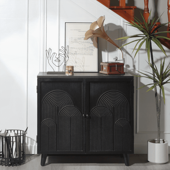 Modern Black Manufactured Wood Storage Cabinet - 31in Accent Cabinet with Embossed Doors for Living Room, Bedroom, Entryway